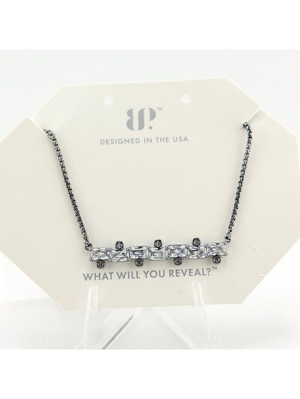 Bomb Party Bar Necklace *A Line You Can Feel* Clear CZ On Hematite